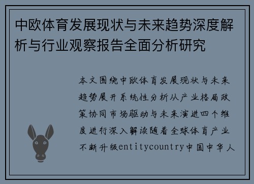 中欧体育发展现状与未来趋势深度解析与行业观察报告全面分析研究