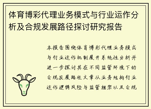 体育博彩代理业务模式与行业运作分析及合规发展路径探讨研究报告