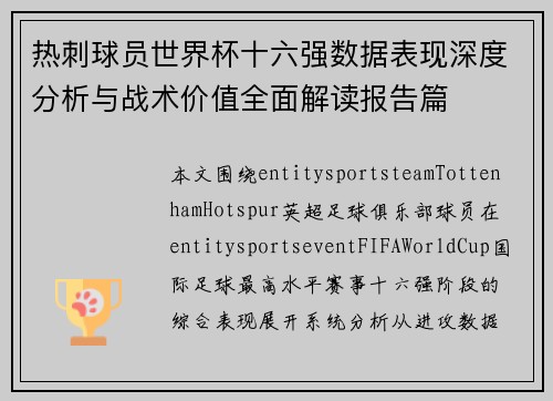 热刺球员世界杯十六强数据表现深度分析与战术价值全面解读报告篇